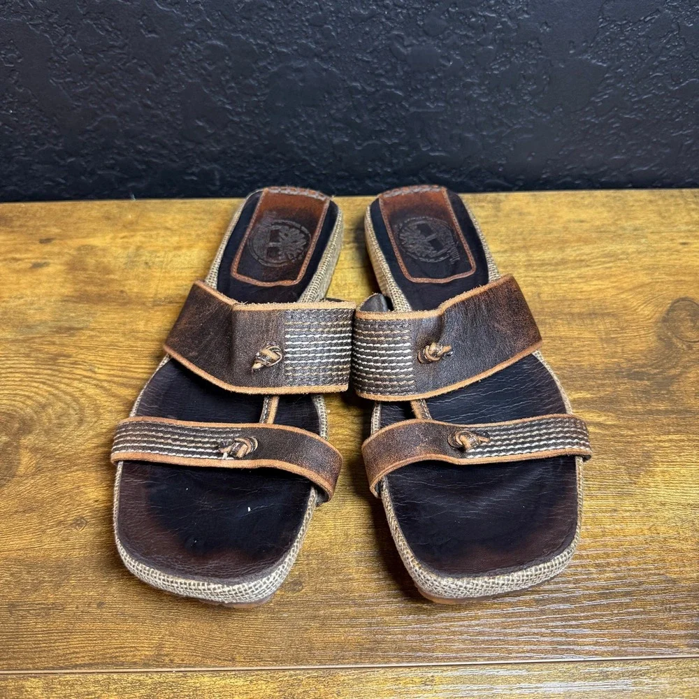 Timberland Leather Jute Wedge Brown Leather Slide Sandals Womens 8.5‎